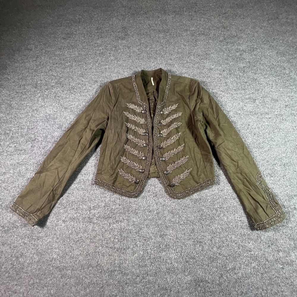 Free People Brown Cotton Beaded Bohemian Military Style Jacket Womens Large